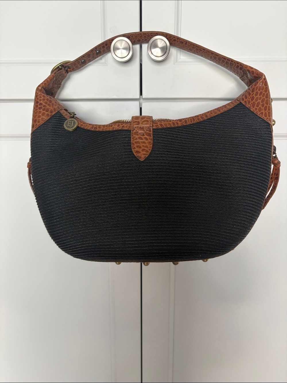 Eric Javits Black Fabric Hobo with Brown Croc-Texture Trim - Picture 2 of 3